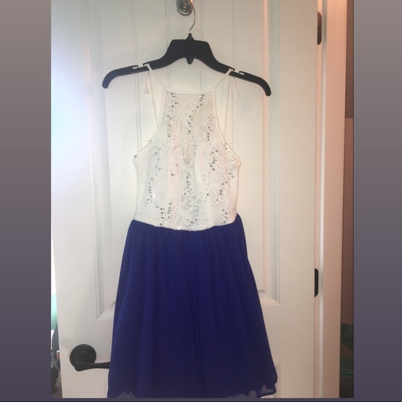 B Darlin Blue & White Prom Dress - Picture 2 of 3